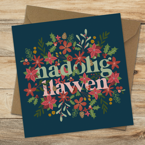 Navy Nadolig bouquet welsh christmas card